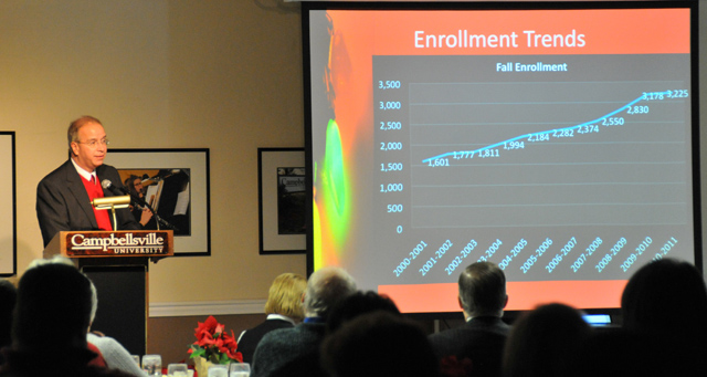 Continuous enrollment increases over 21 semesters were among the points of good news CU President Michael V. Carter shared with members of the Campbellsville-Taylor County Chamber of Commerce at the December luncheon. (Campbellsville University Photo by Linda Waggener)