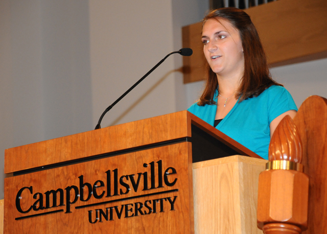 Christina Miller, a senior from Danville, Ky., president of Campbellsville University’s Student Government Association (SGA), presented the challenge to the students of 2009-2010. She said, “I dare you to make a goal for yourself and join the SGA in its efforts for a united campus through servant leadership.” She invited everyone to participate in SGA week coming up Sept. 8-11. (Campbellsville University Photo by André Tomaz)