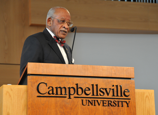  Dr. Johnnie Clark, member of the CU Board of Trustees, delivers a message during chapel. (Campbellsville University Photo by Emily Campbell)