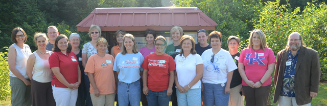 Teachers and instructors at the Clay Hill Memorial Forest (CHMF) Outdoor Classroom Institute include from left: Front row -- Susan Pope, actress/dramatist; Tara Burkhead, Washington County Schools; Linda Taylor, West Marion Elementary School; Shari Boblitt, Washington/Franklin County Schools; Pam Walters, Daviess County Schools; Pam Quinn, Green County Primary School; Barbie Milby, Green County Primary School; Rachel Bardin, Adair County Elementary School; and Dr. Mark McKinnon, physics professor with Lindsey Wilson College. Back row – Debra Wimmer of Adair County High School; Michael Godsey, Adair County High School; Brenda Tungate, associate professor of biology at Campbellsville University; Paula Mattingly, Washington County Middle School; Marcia Sharp, Campbellsville Elementary School; Alicia Bosela, director of the Outdoor Classroom Institute for 2012, assistant director CHMF; Trisha Hall, Green County Primary School; Becky Streeval, Mercer County Senior High School; and Jackie Allen, Casey County High School. (Campbellsville University Photo by Naranchuluu Amarsanaa)