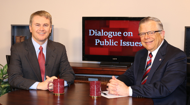 Dr. John Chowning, vice president for church and external relations and executive assistant  to the president of Campbellsville University, right, interviews James Comer, Kentucky’s  Commissioner of Agriculture who is running for governor, for his “Dialogue on Public Issues”  show.