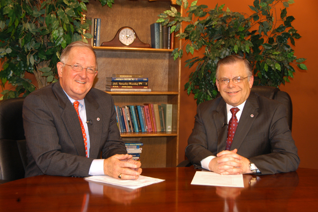 Dr. Jay Conner, left, chair of the Campbellsville University Board of Trustees, was a guest on Campbellsville University’s “Dialogue on Public Issues” hosted by John Chowning, vice president for church and external relations and executive assistant to the president. The show will air on WLCU TV-4, Comcast Cable Channel 10, Sunday, Nov. 22, at 8 a.m.; Monday, Nov. 23, at 1:30 p.m. and 6:30 p.m.; and Wednesday, Nov. 25, at 1:30 p.m. and 7 p.m. Conner is a leadership development consultant from Brentwood, Tenn. (Campbellsville University Photo by Linda Waggener)