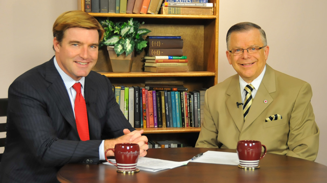 executive assistant to the president of CU, right, interviews Jack Conway on WLCU TV for the “Dialogue on Public Issues” show. He is a Democratic, incumbent candidate for attorney general. The show will air Sunday, Sept. 25 at 8 a.m.; Monday, Sept. 26 at 6:30 p.m.; and Wednesday, Sept. 28 at 1:30 p.m. There will be additional programs scheduled as follows: Tuesday, Sept. 27 at 1:30 p.m.; Wednesday, Sept. 28 at 8 p.m.; and Friday, Sept. 30 at 8 p.m. The show is aired on Comcast Cable Channel 10 and is also aired on WLCU FM 88.7 at 8 a.m. Sunday, Sept. 25. (Campbellsville University Photo by Joan C. McKinney)