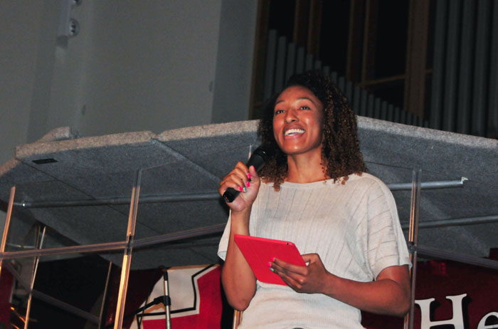 Cortnee Walton, University of Louisville women’s basketball player, shares her testimony with FCA campers. (Campbellsville University Photo by Josh Christian)