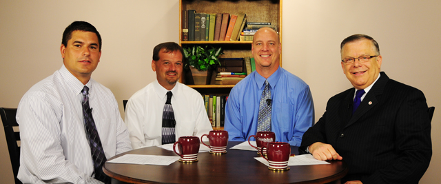 Campbellsville University’s John Chowning, vice president for church and external relations and executive assistant to the president of CU, right, interviewed Campbellsville Independent School System principals as a part of the series “Education Today in Campbellsville/Taylor County” on his show “Dialogue on Public Issues” on Campbellsville University’s WLCU. From left are: Kirby Smith, principal at Campbellsville High School; Ricky Hunt, principal of Campbellsville Elementary School; and David Petett, principal of Campbellsville Middle School. The show will air Sunday, July 10 at 8 a.m.; Monday, July 11 at 1:30 p.m. and 6:30 p.m. and Wednesday, July 13 at 1:30 p.m. and 7 p.m. The show is aired on Comcast Cable Channel 10. (Campbellsville University Photo by Christina Kern)