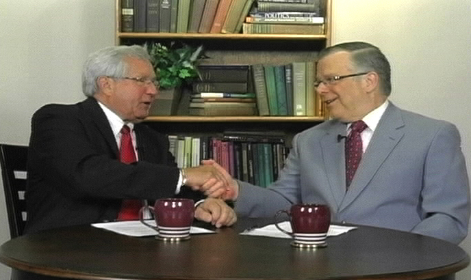 Campbellsville University’s John Chowning, vice president for church and external relations and executive assistant to the president of CU, right, interviews Eddie Rogers, Taylor County Judge/Executive, on WLCU TV for the “Dialogue on Public Issues” show. The show will air Sunday, Sept. 11 at 8 a.m.; Monday, Sept. 12 at 1:30 p.m. and 6:30 p.m. and Wednesday, Sept. 14 at 1:30 p.m. and 7 p.m. The show is aired on Comcast Cable Channel 10 and is also aired on WLCU FM 88.7 at 8 a.m. Sunday, Sept. 11. (Campbellsville University Photo by Jeannie Clark)