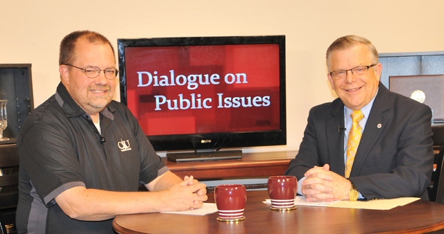 Campbellsville University’s John Chowning, vice president for church and external relations and executive assistant to the president of CU, right, interviews Dr. Dwayne Howell, professor of Old Testament and Hebrew, for his “Dialogue on Public Issues” show. The show will air Sunday, June 16 at 8 a.m.; Monday, June 17 at 1:30 p.m. and 6:30 p.m.; and Wednesday, June 19 at 1:30 p.m. and 6:30 p.m. The show is aired on Campbellsville’s cable channel 10 and is also aired on WLCU FM 88.7 at 8 a.m. and 6:30 p.m. Sunday, June 16. (Campbellsville University Photo by Linda Waggener)