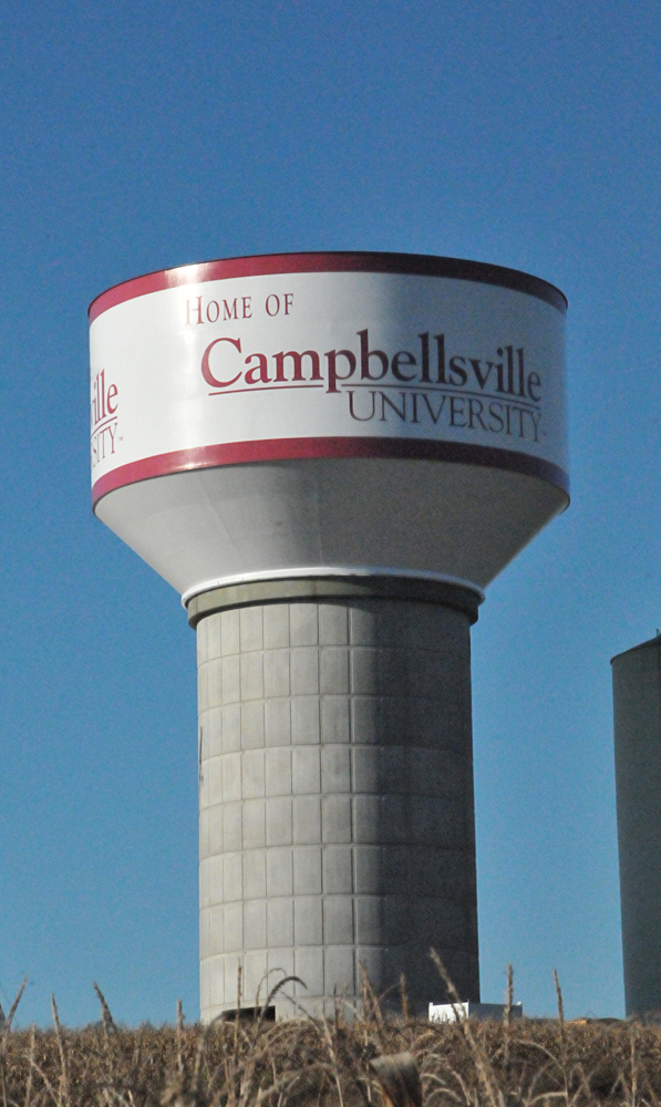 The new water tower is adorned with the Campbellsville University logo on three sides, facing Greensburg,  Columbia and Campbellsville. It is located on Highway  55. (Campbellsville University Photo by Drew Tucker)