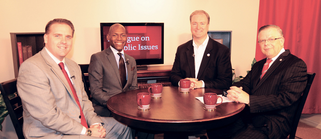 “Dialogue on Public Issues,” Campbellsville University’s WLCU-TV show, will have a special one-hour show next week featuring, from left: Jeffrey Scott Jennings, director of strategic development and senior strategist for Peritus Public Relations in Louisville; Colmon Elridge, executive assistant to the governor of Kentucky and vice president for the Young Democrats of America, and Trey Grayson, director of the Institute of Politics at Harvard University. They will discuss political issues. John Chowning, vice president for church and external relations and executive assistant to the president, interviews the guests. The show will air Sunday, Oct. 14 at 8 a.m.; and Monday, Oct. 15-Wednesday, Oct. 17 at 1 p.m. and 6 p.m. It will also be aired on WLCU 88.7 FM radio at 8 a.m. Sunday, Oct. 14. It is aired on TV on Channel 10 in Campbellsville. (Campbellsville University Photo by Ye Wei “Vicky”)