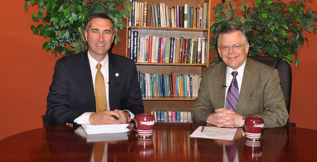 Campbellsville University’s WLCU TV-4 will air a “Dialogue on Public Issues” show with Sen. David Givens (R-Greensburg, Ky.), left, and John Chowning, vice president for church and external relations and executive assistant to the president. The show will be aired: Sunday, May 16, at 8 a.m.: Monday, May 17, at 1:30 p.m. and 6:30 p.m. and Wednesday, May 19, at 1:30 p.m. and 7 p.m. Givens is the Kentucky senator from District 9 which includes: Allen, Barren, Edmonson, Green, Metcalfe and Simpson counties. (Campbellsville University Photo by Bayarmagnai “Max” Nergui)