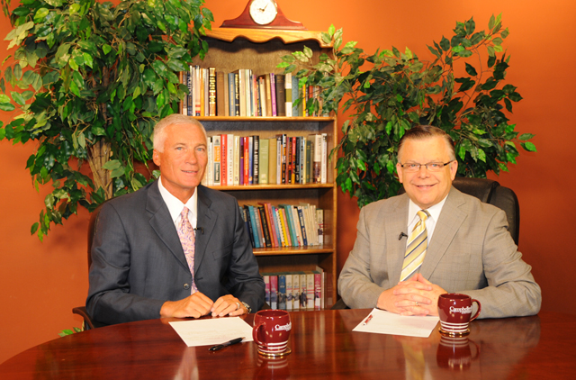 Campbellsville Independent School System Superintendent Mike Deaton, left, is featured on Campbellsville University’s TV-4 WLCU show for a series of shows on “Education Today.” He is interviewed by John Chowning, vice president for church and external relations and executive assistant to the president at Campbellsville University, moderator of “Dialogue on Public Issues.” The show will air at Sunday, Aug. 1 at 8 a.m.; Monday, Aug. 2 at 1:30 p.m. and 6:30 p.m. and Wednesday, Aug. 4 at 1:30 p.m. and 7 p.m. (Campbellsville University Photo by Joan C. McKinney)