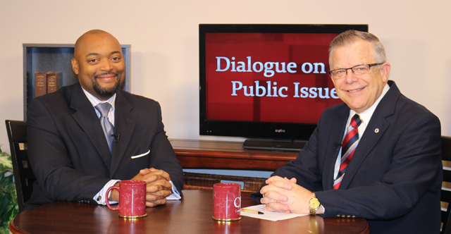 Dr. John Chowning, vice president for church and external relations and executive assistant to  the president of Campbellsville University, right, interviews Delquan Dorsey, executive director,  Governor’s Office of Minority Empowerment, for his “Dialogue on Public Issues” show. 