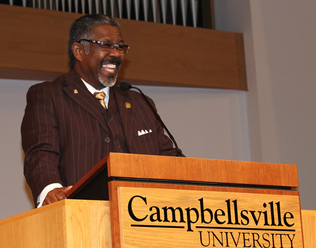 Dr. C.B. Akins, Sr., pastor of First Baptist Church Bracktown in Lexington, Ky., spoke on the importance of education closing the gaps between blacks and whites at a recent Dr. Martin Luther King, Jr. Memorial Service at Campbellsville University. (Campbellsville University Photo by Rachel DeCoursey)