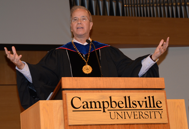 Dr. Michael V. Carter, president of Campbellsville University, began his 14th year as president with an address at chapel discussing the Sermon on the Mount. (Campbellsville University Photo by Christina Kern)