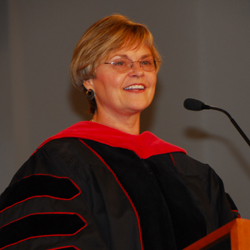 Dr. Darlene Eastridge, dean of the Carver School of Social Work and Counseling, spoke of the impact of perspective and passion on the world at the master’s commencement at Campbellsville University. (Campbellsville University Photo by Joan C. McKinney)