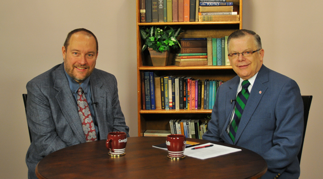  Campbellsville University’s John Chowning, vice president for church and external relations and executive assistant to the president of CU, right, interviewed Dr. Galen Carey, left, director of governmental affairs for the National Association of Evangelicals in Washington, D.C., on Campbellsville University’s WLCU’s show “Dialogue on Public Issues.” The show will air Sunday, Feb. 27 at 8 a.m.; Monday, Feb. 28 at 1:30 p.m. and 6:30 p.m. and Wednesday, March 2 at 1:30 p.m. and 7 p.m. The show is aired on Comcast Cable Channel 10. (Campbellsville University Photo by Curtis Clemons)