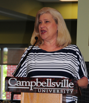 Dr. Jackie Sandifer taught 12 years at Camp- bellsville University before her retirements.  She gives a speech at the university’s  Faculty/Staff Recognition Service program.  (Campbellsville University Photo by Christina Kern) 