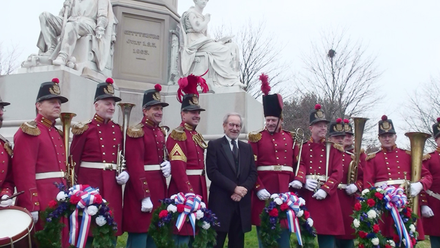 Dr. Reese Land, fourth from left, associate professor of music/trumpet at Campbellsville University, was in the new Steven Spielberg film “Lincoln.” He got to meet Spielberg at the 149th anniversary of Lincoln’s Gettysburg address at Gettysburg, Penn. Nov. 19.