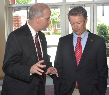 United States Sen. Rand Paul (R-Ky.), right, is welcomed to Camp- bellsville University by Dr. Michael V. Carter, president of CU.  (Campbellsville University Photo by Joan C. McKinney)