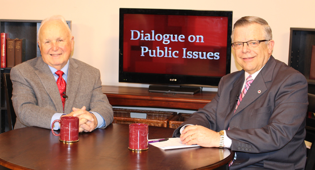 Dr. John Chowning, vice president for church and external relations and executive assistant to the president of Campbellsville University, right, interviews Dr. Chalres T. Carter, James H. Chapman Fellow of Pastoral Ministry at Beeson Divinity School, Samford University in Birmingham, Ala., for his “Dialogue on Public Issues” show.