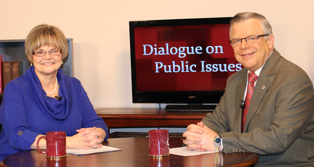 Dr. John Chowning, vice president for church and external relations and executive assistant to the president of Campbellsville University, right, interviews Dr. Darlene Eastridge, dean of the Campbellsville University Carver School of Social Work and Counseling, for his “Dialogue on Public Issues” show. 