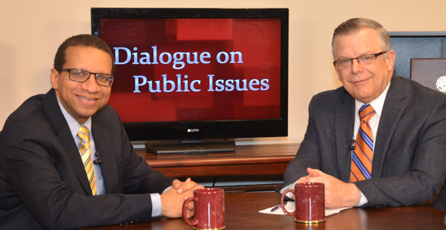 Dr. John Chowning, vice president for church and external relations and executive assistant to the president of Campbellsville University, right, interviews Dr. David Goatley, executive secretary-treasurer of the Lott Carey Baptist Foreign Mission Convention and former pastor of First Baptist Church in Campbellsville, for his “Dialogue on Public Issues” show. 