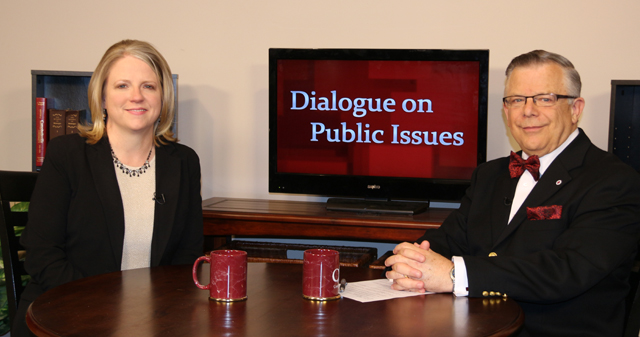 Dr. John Chowning, vice president for church and external relations and executive assistant to he president of Campbellsville University, right, interviews Dr. Donna Hedgepath, the new vice president for academic affairs at Campbellsville University, for his “Dialogue on Public Issues” show.