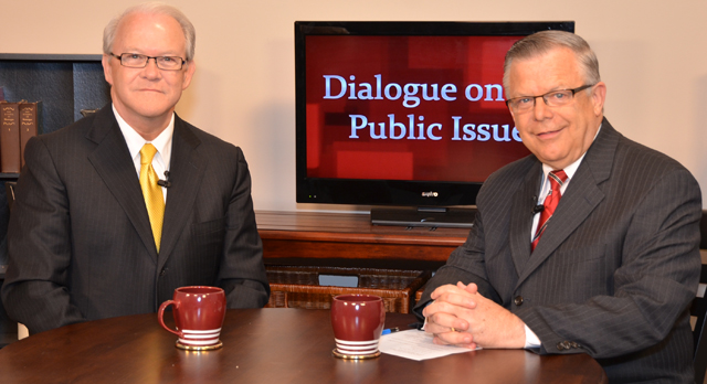 Campbellsville University’s John Chowning, vice president for church and external relations and executive assistant to the president of CU, right, interviews Dr. Frank Page, president and chief executive officer of the Southern Baptist Convention Executive Committee, for his “Dialogue on Public Issues” show. The show will air Sunday, Oct. 27 at 8 a.m.; Monday, Oct. 28 at 1:30 p.m. and 6:30 p.m.; and Wednesday, Oct. 30 at 1:30 p.m. and 6:30 p.m. The show is aired on Campbellsville’s cable channel 10 and is also aired on WLCU FM 88.7 at 8 a.m. and 6:30 p.m. Sunday, Oct. 27. (Campbellsville University Photo by Drew Tucker)