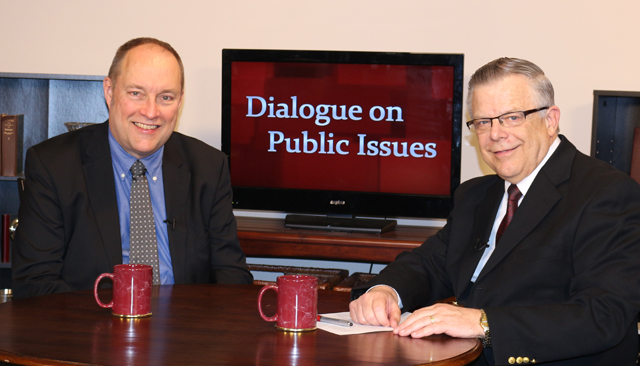 Dr. John Chowning, vice president for church and external relations and executive assistant to the  president of Campbellsville University, right, interviews Dr. Galen Carey, vice president of  government relations for the National Association of Evangelicals, for his “Dialogue on Public  Issues” show.