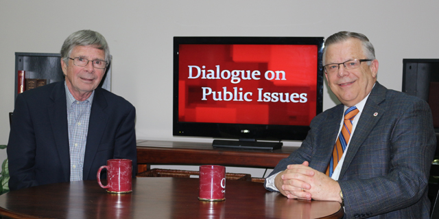 Dr. John Chowning, vice president for church and external relations and executive assistant to the  president of Campbellsville University, right, interviews Dr. George Herring, alumni professor of  history emeritus at the University of Kentucky, for his “Dialogue on Public Issues” show. 