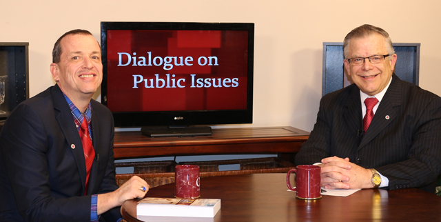 Dr. John Chowning, vice president for church and external relations and executive assistant to  the president of Campbellsville University, right, interviews Dr. Joe Early Jr., associate professor  of theology, for his “Dialogue on Public Issues” show.