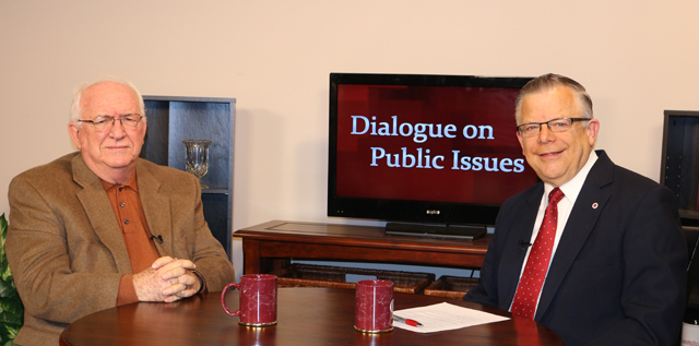 Dr. John Chowning, vice president for church and external relations and executive assistant to the president of Campbellsville University, right, interviews Dr. Joe Early Sr., assistant to the president and senior vice president for academic affairs at Campbellsville University, for his “Dialogue on Public Issues” show.