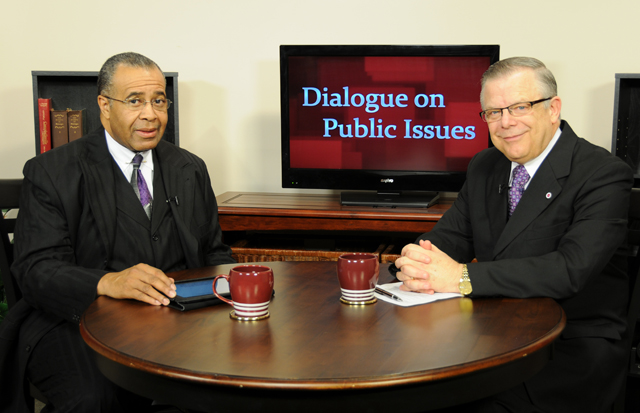 Campbellsville University’s John Chowning, vice president for church and external relations and executive assistant to the president of CU, right, interviews Dr. Joseph Owens, senior pastor of Shiloh Baptist Church, Lexington, and chair of the CU Board of Trustees, for his “Dialogue on Public Issues” show. The show will air Sunday, May 19 at 8 a.m.; Monday, May 20 at 1:30 p.m. and 6:30 p.m.; and Wednesday, May 21 at 1:30 p.m. and 6:30 p.m. The show is aired on Campbellsville’s cable channel 10 and is also aired on WLCU FM 88.7 at 8 a.m. and 6:30 p.m. Sunday, May 19. (Campbellsville University Photo by Ye Wei “Vicky”)