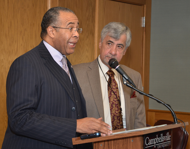Dr. Joseph Owens, left, of Lexington, begins his third term as chair of the Campbellsville University  Board of Trustees. Guy Montgomery of Louisville is serving as vice chair. (Campbellsville  University Photo by Joan C. McKinney)