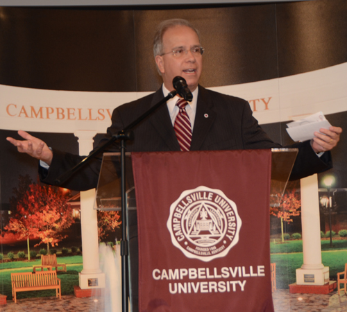 Dr. Michael V. Carter congratulated the 166 teachers from 58 school districts from throughout Kentucky who received awards. (Campbellsville University Photo by Linda Waggener)