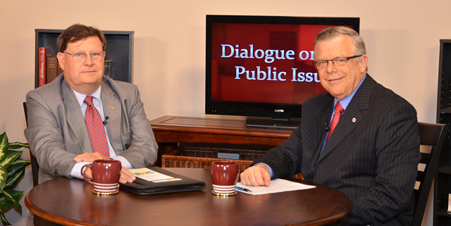 Campbellsville University’s John Chowning, vice president for church and external relations and  executive assistant to the president of CU, right, interviews Dr. Paul Chewning, president of the  Appalachian College Association Inc., for his “Dialogue on Public Issues” show. 