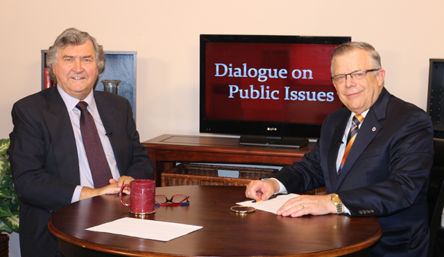 Dr. John Chowning, vice president for church and external relations and executive assistant to the president of Campbellsville University, right, interviews Dr. Paul Marshall, senior fellow at the Hudson Institute’s Center for Religious Freedom, for his “Dialogue on Public Issues” show. The show will air at 1:30 p.m. and 6:30 p.m. Monday, Oct. 13 and at 1:30 p.m. and 7 p.m. Wednesday, Oct. 15, and on WLCU-TV, Campbellsville’s cable channel 10 and at 8 a.m. and at 8:30 p.m. Sunday, Oct. 12 on both WLCU-TV and on 88.7 The Tiger radio. (Campbellsville University Photo by Drew Tucker)