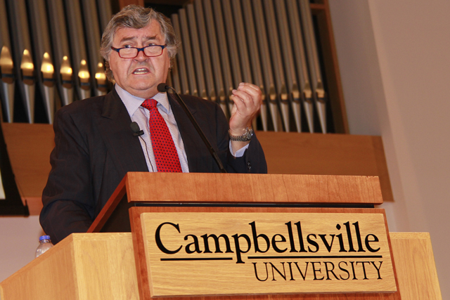 Dr. Paul Marshall speaks at Campbellsville University at chapel. (Campbellsville University Photo by Rachel DeCoursey)