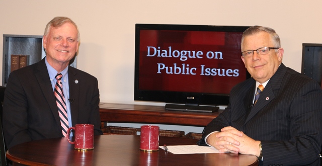 Dr. John Chowning, vice president for church and external relations and executive assistant to  the president of Campbellsville University, right, interviews Dr. Ronald W. Crawford, president of the Baptist Theological Seminary at Richmond, in Richmond, Va., for his “Dialogue on Public  Issues” show.
