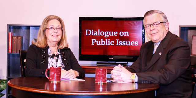 Dr. John Chowning, vice president for church and external relations and executive assistant to the president of Campbellsville University, right, interviews Dr. Sharon Hundley, associate professor of nursing and chair of early childhood education program, for his “Dialogue on Public Issues” show.