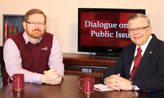 Dr. John Chowning, vice president for church and external relations and executive assistant to  the president of Campbellsville University, right, interviews Dr. Shawn Williams, assistant  professor of political science at Campbellsville University, for his “Dialogue on Public Issues”  show.