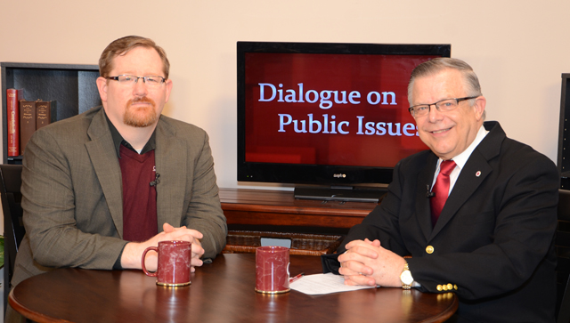Dr. John Chowning, vice president for church and external relations and executive assistant to the president of Campbellsville University, right, interviews Dr. Shawn Williams, left, for his “Dialogue on Public Issues” show. 