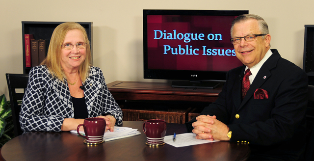 Campbellsville University’s John Chowning, vice president for church and external relations and executive assistant to the president of CU, right, interviews Dr. Susan Zepeda, president and chief executive officer for the Foundation for a Healthy Kentucky for his “Dialogue on Public Issues” show. The show will air Sunday, Oct. 13 at 8 a.m.; Monday, Oct. 14 at 1:30 p.m. and 6:30 p.m.; and Wednesday, Oct. 16 at 1:30 p.m. and 6:30 p.m. The show is aired on Campbellsville’s cable channel 10 and is also aired on WLCU FM 88.7 at 8 a.m. and 6:30 p.m. Sunday, Oct. 13. (Campbellsville University Photo by Ye Wei “Vicky”)