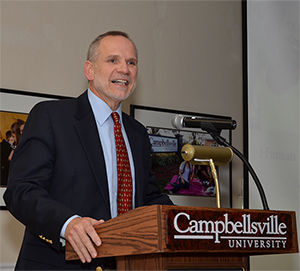Dr. Wayne Barnard discusses human trafficking at both a Kentucky Heartland  Institute on PublicPolicy event and at chapel  at Campbellsville University.  (Campbellsville University Photo by Drew Tucker)