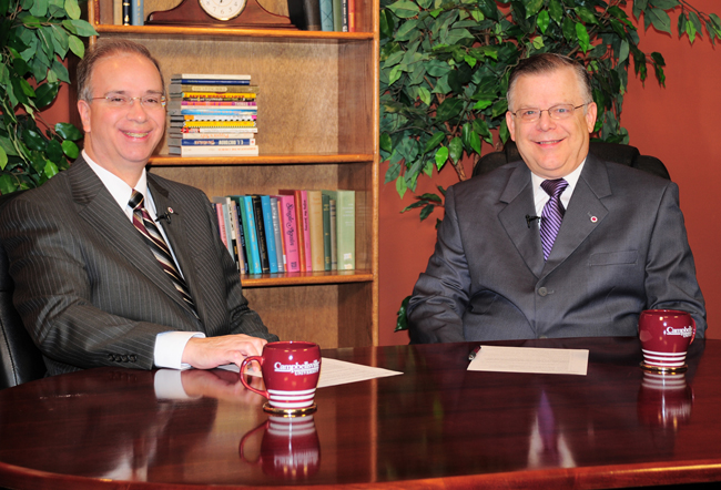  Campbellsville University’s WLCU TV-4 will air a “Dialogue on Public Issues” show with Dr. Michael V. Carter, president of Campbellsville University, left, and host John Chowning, vice president for church and external relations and executive assistant to the president, beginning June 27. Carter will discuss the university’s new initiative titled “Vision 2025:Preparing Christian Servant Leaders.” The show will be aired: Sunday, June 27 at 8 a.m.; Monday, June 28, at 1:30 p.m. and 6:30 p.m. and Wednesday, June 30, at 1:30 p.m. and 7 p.m. (Campbellsville University Photo by Joan C. McKinney)