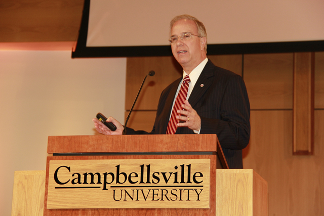 Dr. Michael V. Carter, who is in his 15th year as president of Campbellsville University, speaks at the Thanksgiving chapel. (Campbellsville University Photo by Rachel DeCoursey)