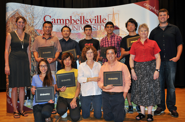 Students who recently recognized for completing Campbellsville University’s English as a Second Language (ESL) program are: Front Row, from left-- Yajuan Zhao of Beijing, China; Hironori Takashima of Hokkaido, Japan; Maryann Matheny, ESL endorsement specialist at CU; and Luis Gutierrez of Caracas, Venezuela, outstanding ESL student award recipient. Back Row-- Andrea Giordano, assistant director of ESL at CU; Teng Zhang of Beijing, China; Shichang Qin of Beijing, China; Lucas Carvalho Fernandes of Belo Horizonte, Brazil; Maurizio Infante of Caracas, Venezuela; Yohei Namiki of Yokosuka, Japan; Elizabeth Campbell, ESL instructor at CU; and Travis Kennon, ESL instructor at CU. (Campbellsville University Photo by Christina L. Kern)