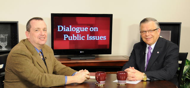 Campbellsville University’s John Chowning, vice president for church and external relations and executive assistant to the president of CU, right, interviews CU’s Dr. Joe Early Jr., assistant professor of theology, for his “Dialogue on Public Issues” show. The show will air Sunday, March 24 at 8 a.m.; Monday, March 25 at 1:30 p.m. and 6:30 p.m.; Tuesday, March 26 at 1:30 p.m. and 6:30 p.m.; Wednesday, March 27 at 1:30 p.m. and 6:30 p.m.; Thursday, March 28 at 8 p.m.; and Friday, March 29 at 8 p.m. The show is aired on Campbellsville’s cable channel 10 and is also aired on WLCU FM 88.7 at 8 a.m. Sunday, March 24. (Campbellsville University Photo by Ye Wei “Vicky”)