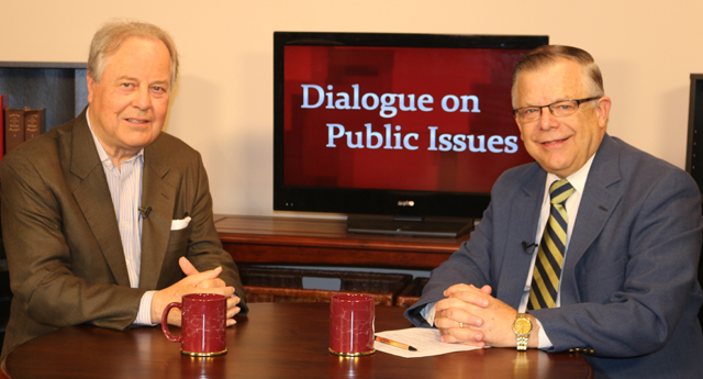 Dr. John Chowning, vice president for church and external relations and executive assistant to the  president of Campbellsville University, right, interviews U.S. Rep. Ed Whitfield (R-Ky.), who  represents District 1, for his “Dialogue on Public Issues” show. The show will air at 1:30 p.m.  Monday-Friday, Sept. 15-19, on WLCU-TV, Campbellsville’s cable channel 10 and at 8 a.m.  Sunday, Sept. 14 on both WLCU-TV and on 88.7 The Tiger radio. (Campbellsville University  Photo by Drew Tucker)