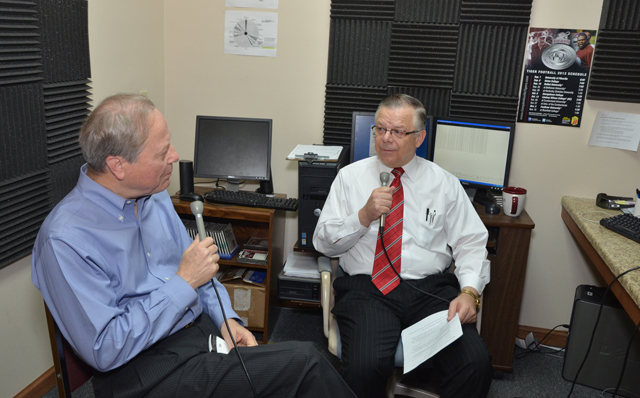 United States Congressman Ed Whitfield (R-Ky.), left, is interviewed by John Chowning, vice president for church and external relations and executive assistant to the president, at WLCU 88.7 FM. The show will be aired on 88.7 FM on Monday, Oct. 8 at 6 p.m., Wednesday, Oct. 10 at 6:30 p.m. and Friday, Oct. 12 at 6 p.m. (Campbellsville University Photo by Joan C. McKinney)